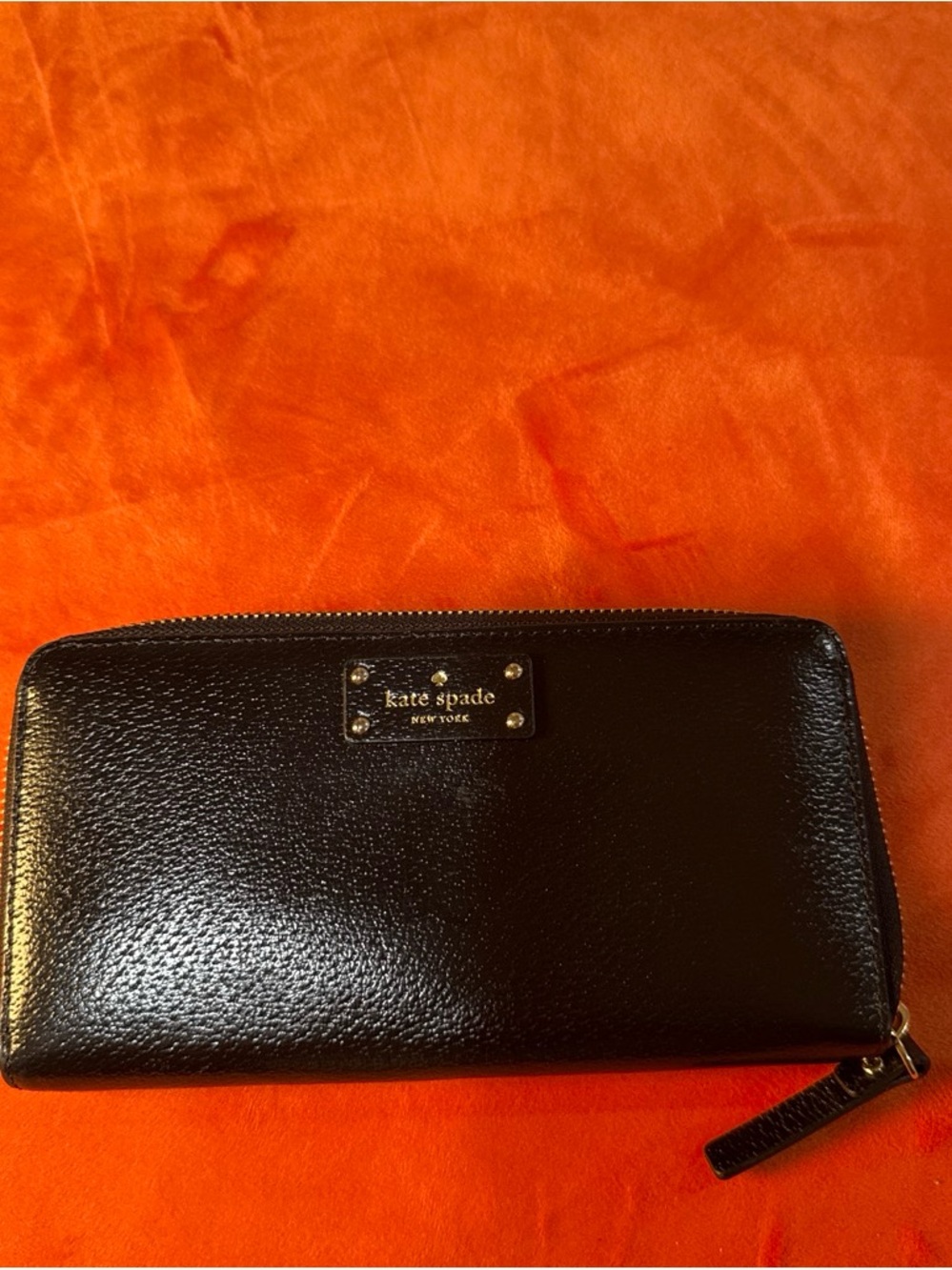 kate spade Black Leather Zip-Around Wallet with Gold Logo Plate